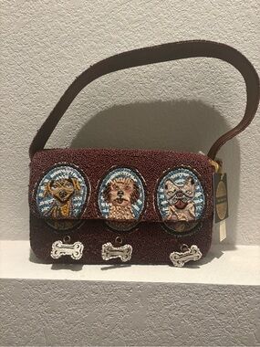 Beaded Burgundy Dog-Themed Shoulder Bag